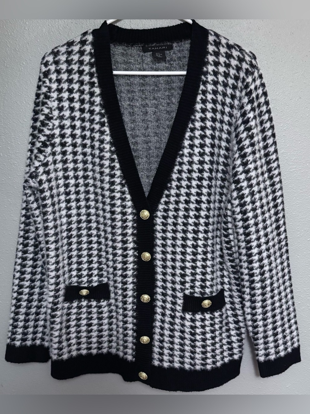 Tahari Black and White Houndstooth Cardigan with Gold Buttons and Front Pockets